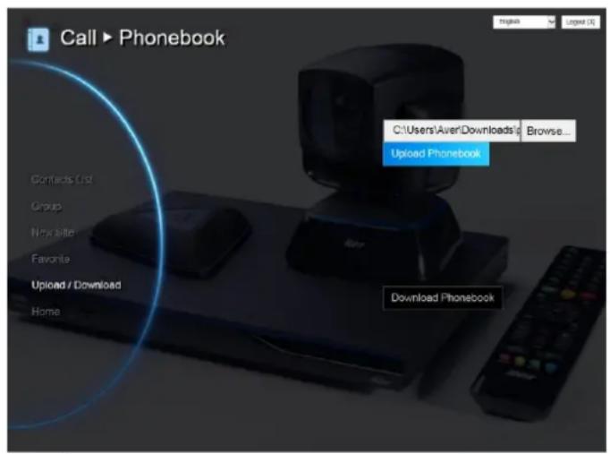 Call ▶ Phonebook Contacts List Group Newsletter Favorite Upload / Download Home C:\Users\Aver\Downloads\a Browse... Upload Phonebook Download Phonebook