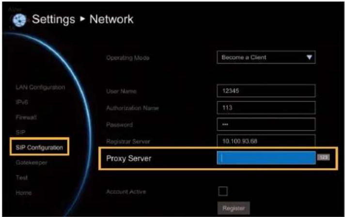 Settings ▶ Network Operating Mode Become a Client LAN Configuration IPv6 Firewall SIP SIP Configuration User Name 12345 Authorization Name 113 Password ... Registrar Server 10.100.93.68 Proxy Server 100% Gatekeeper Test Home Account Active Register