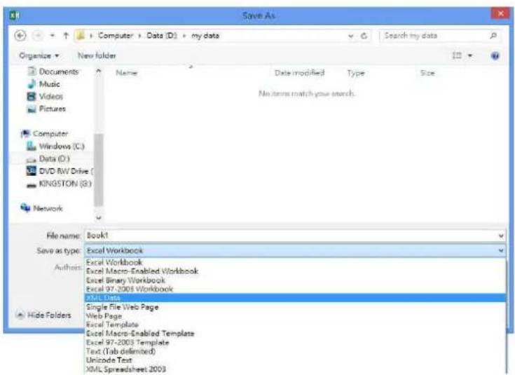 Save As Organize New folder Documents Music Videos Pictures Computer Windows (C:) Data (D:) DVD RW Drive ( KINGSTON (B:) Network File name: Book1 Save as type: Authors Excel Workbook Excel Workbook Excel Macro-Enabled Workbook Excel Binary Workbook Excel 97-2003 Workbook XML Web Page Single File Web Page Web Page Excel Template Excel Macro-Enabled Template Excel 97-2003 Template Text (Tab defelmed) Unicode Text XML Spreadsheet 2003