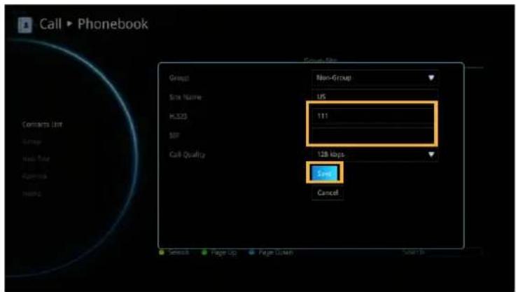 Call ▶ Phonebook Group Name 125 H.323 111 S07 Call Quality 128 kbps Cancel Set back Page Up Page Down Save As