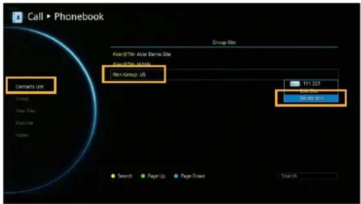 Call ▶ Phonebook Contacts List Group New Data Favorite Home Group-Site AveraTVW-Aver Demo Site AveraTVW (RAB) Non-Group-US 111.222 Edit Site Delete Site Search Page Up Page Down Search