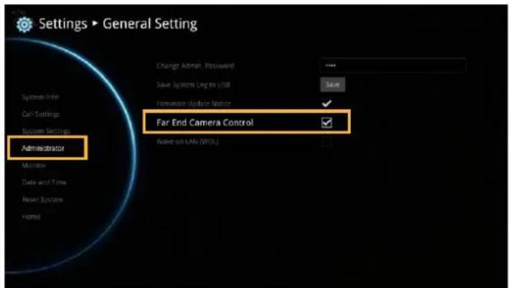 Settings ▶ General Setting System Time Call Settings System Settings Administrator Change Admin. Password Save System Log to USB Foreware Update Notice Far End Camera Control Write-on LAN (VDSL)