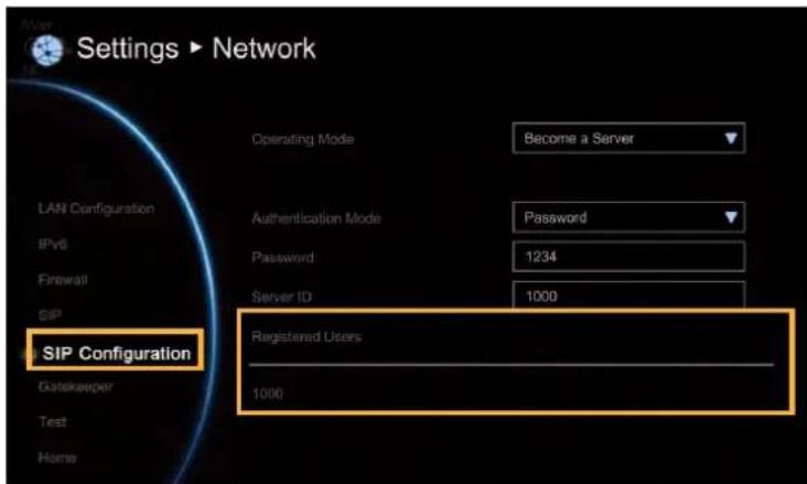 Settings ▶ Network Operating Mode Become a Server LAN Configuration Authentication Mode Password IPv6 Password 1234 Firewall Server ID 1000 SIP SIP Configuration Registered Users 1000 Gatekeeper Test Home