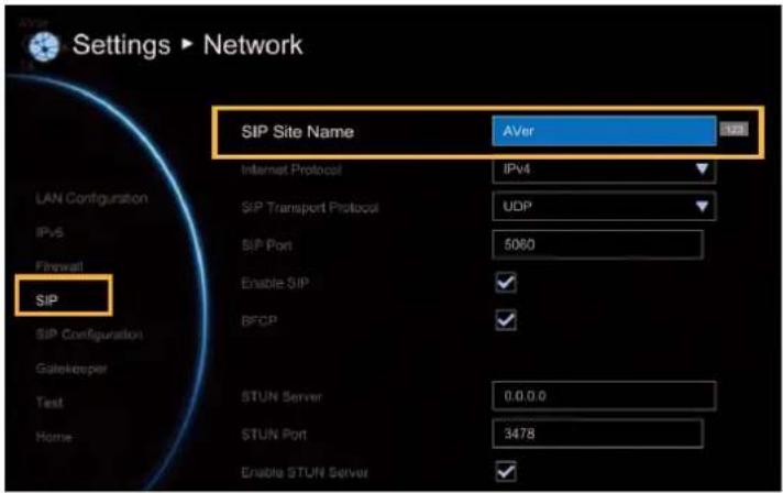 Settings ▶ Network SIP Site Name Aver Internet Protocol IPv4 SIP Transport Protocol UDP SIP Port 5060 Enable SIP ✓ BFCP ✓ STUN Server 0.0.0.0 STUN Port 3478 Enable STUN Server ✓