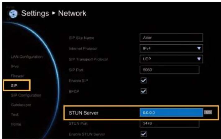 Settings ▶ Network SIP SIP Site Name AVer Internet Protocol IPv4 SIP Transport Protocol UDP SIP Port 5060 Enable SIP BFCP STUN Server 0.0.0.0 120 STUN Port 3478 Enable STUN Server