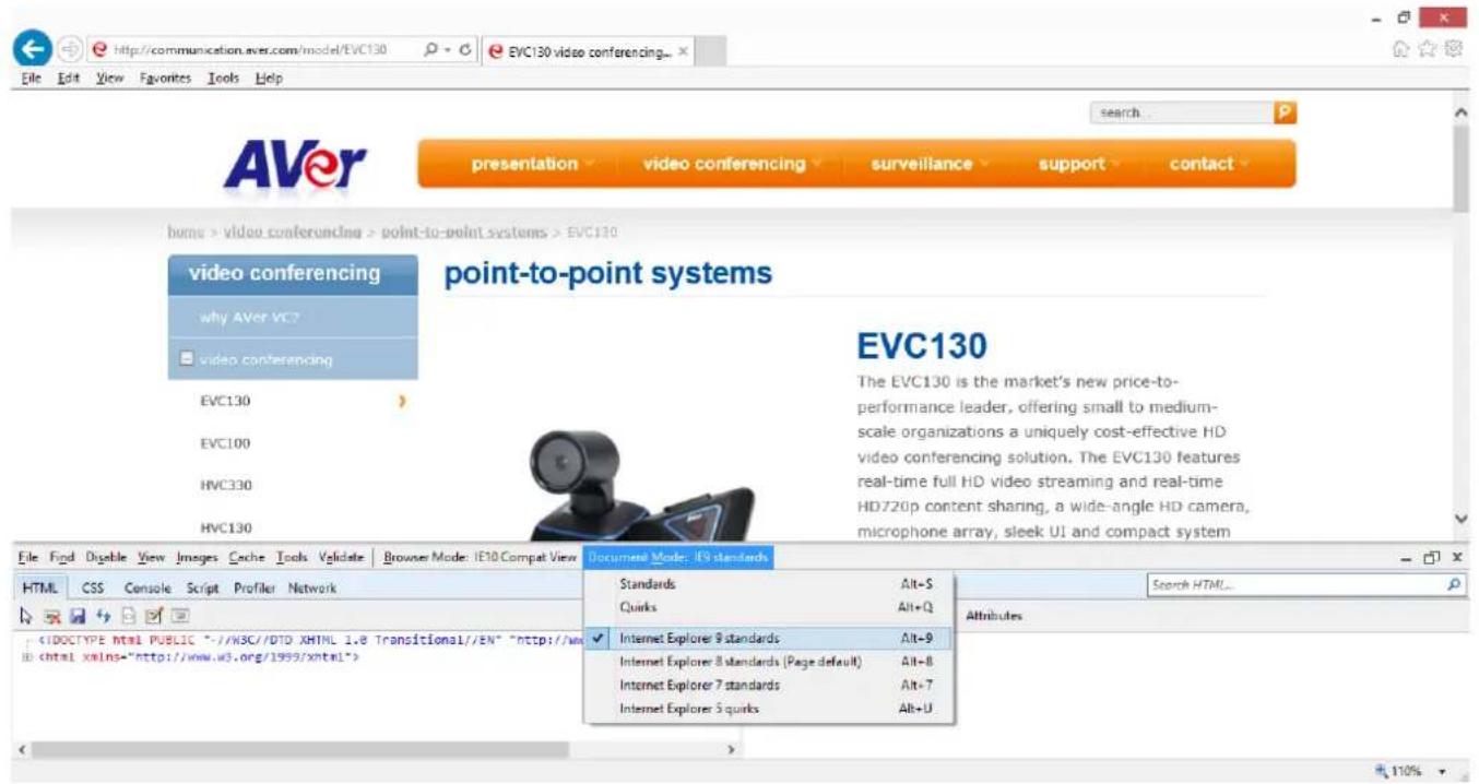 http://communication.aver.com/model/EVC130 EVC130 video conferencing... File Edit View Favorites Tools Help AVer presentation video conferencing surveillance support contact home > video conferencing > point-to-point systems > EVC130 video conferencing why AVer VC? video conferencing EVC130 EVC100 HVC330 HVC130 point-to-point systems EVC130 The EVC130 is the market's new price-to- performance leader, offering small to medium- scale organizations a uniquely cost-effective HD video conferencing solution. The EVC130 features real-time full HD video streaming and real-time HD720p content sharing, a wide-angle HD camera, microphone array, sleek UI and compact system File Find Disable View Images Cache Tools Validate Browser Mode: IE10 Compat View HTML CSS Console Script Profiler Network