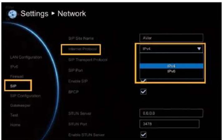 Settings ▶ Network SIP SIP Site Name Internet Protocol SIP Transport Protocol SIP Port Enable SIP BFCP STUN Server 0.0.0.0 STUN Port 3478 Enable STUN Server AVer IPv4 IPv4 IPv6
