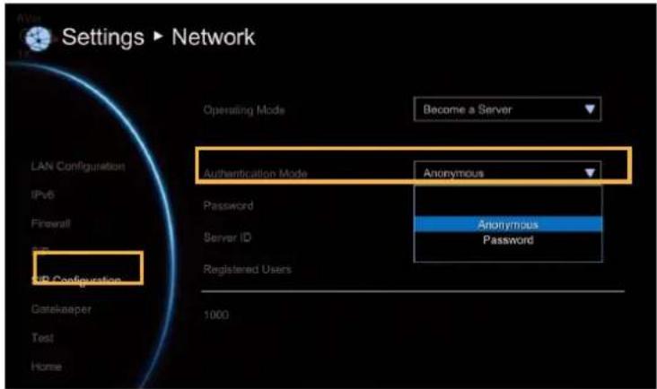 Settings ▶ Network Operating Mode Become a Server LAN Configuration Authentication Mode Anonymous Password Server ID Anonymous Password IP Configuration Gatekeeper Test Home 1000