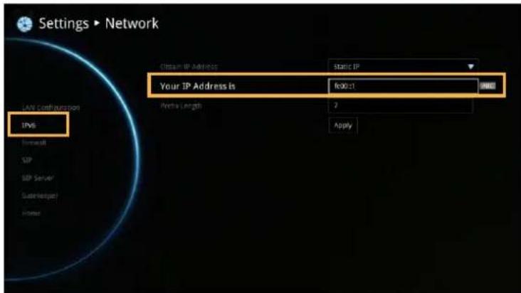 Settings ▶ Network Citsiam IP Address: Static IP Your IP Address is fc00:1 IPVS Forecast SIP SIP Server Gutier/edge Hostor Archial Length: 2 Apply