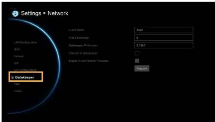 Settings ▶ Network LAN Configuration IPs Forward GIF WIN Configuration Gatekeeper Test Home H.323 Name H.323 Extension Gatekeeper IP Address Connect to Gatekeeper Snacks H-450 Forward Topware After 0 0.0.0.0 Regulator