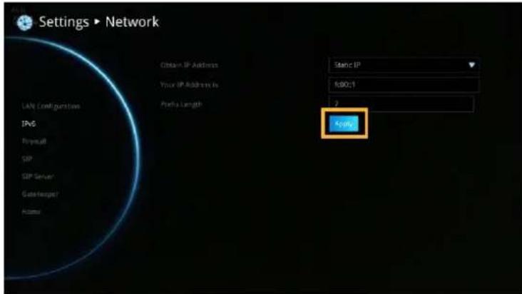 Settings ▶ Network LAN Configuration IPv6 Pirumpell SIP SIP Server GateHeight? Astru Obtain IP Address Your IP Address is Alpha Length Static IP f800:1 7 Save