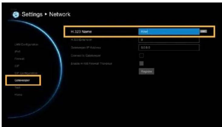 Settings ▶ Network H.323 Name Kivel H.323 Extension 0 Datakeeper IP Address 0.0.0.0 Connect to Datakeeper Enable in 488 Firewall Tophaul Register LAN Configuration IPs Firewall ZIP EIP Configuration Getkeeper Test Home