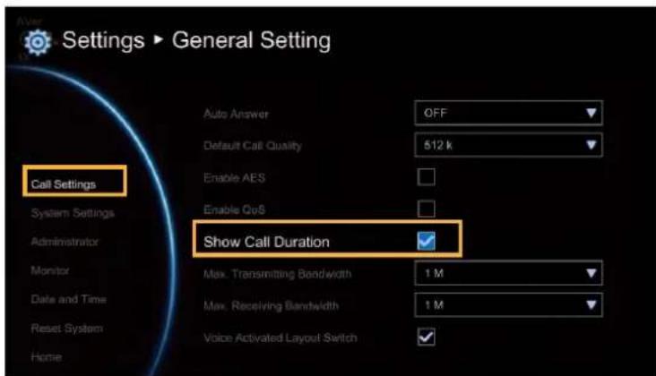 Settings ▶ General Setting Call Settings System Settings Administrator Monitor Date and Time Reset System Home Auto Answer OFF Default Call Quality 512 k Enable AES Enable QoS Show Call Duration Max. Transmitting Bandwidth 1 M Max. Receiving Bandwidth 1 M Voice Activated Layout Switch