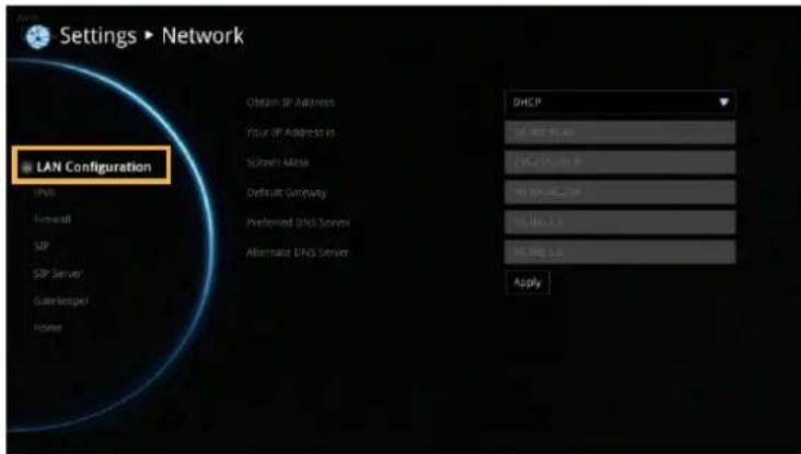 Settings ▶ Network LAN Configuration IPHS Forward SIP SIP Server Gate Manager Hosted Obtain IP Address Your IP Address is Software Mask Default Gateway Preferred DHCP Server Alternate DNS Server DHCP 16.000 16.000 16.000 16.000 16.000 16.000 16.000 16.000 Apply