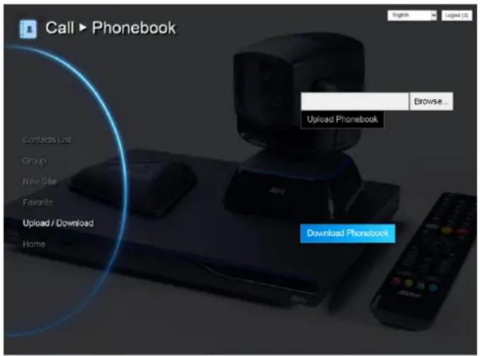 Call ▶ Phonebook English logval (X) Contacts List Group New Site Favorite Upload / Download Home Browse... Upload Phonebook Download Phonebook