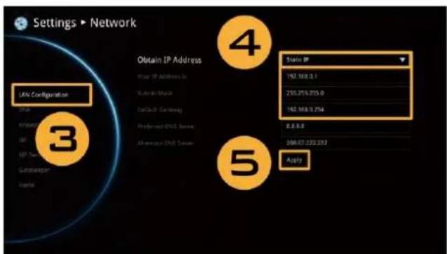 Settings ▶ Network 4 3 Obtain IP Address User IP Address: 162.168.0.1 System Mask Default Gateway Preferred DNS Server All rights OBL Server 5 Apply Static IP 162.168.0.1 215.215.215.0 162.168.0.254 8.8.8.8 268.67.222.232