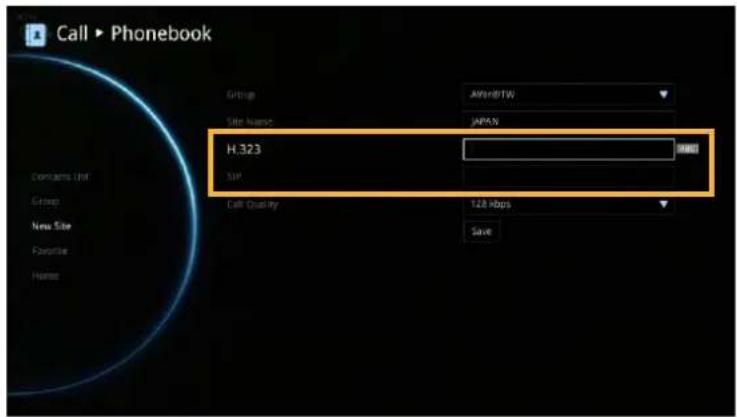 Call ▶ Phonebook Group: AMEN/RTW Site Name: JAPAN H.323 SIP Call Quality: 128 Mbps Save