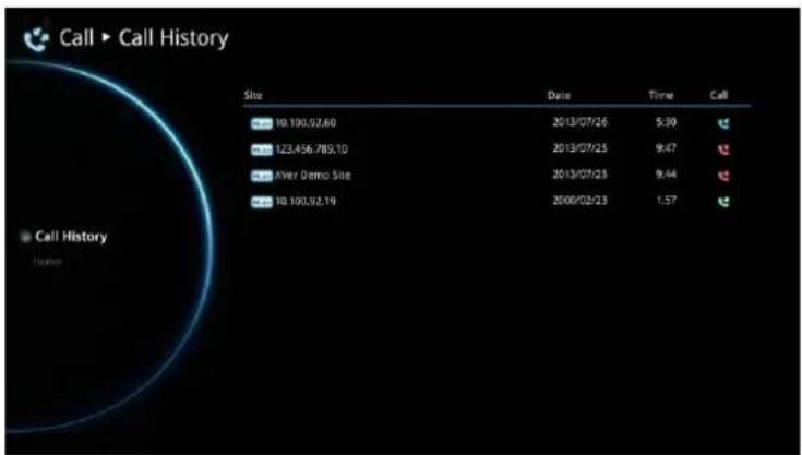Call ▶ Call History Site Date Time Call 10.100.92.60 2013/07/26 5:30 123.456.789.10 2013/07/25 9:47 Aver Demo Size 2013/07/23 9:44 10.100.92.19 2008/02/23 1:57 Call History