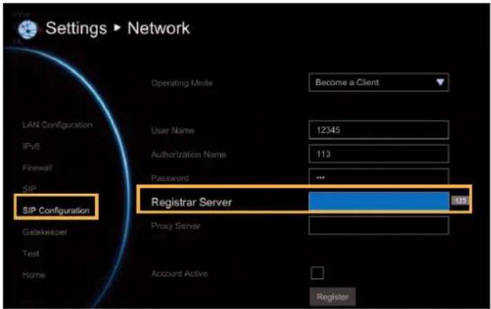 Settings ▶ Network Operating Mode Become a Client LAN Configuration IPv6 Firewall SIP SIP Configuration Registrar Server 1235 User Name 12345 Authorization Name 113 Password ... Proxy Server Account Active Register
