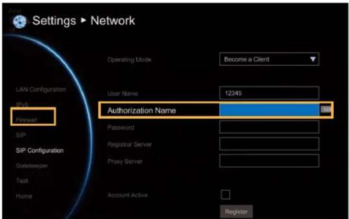 Settings ▶ Network LAN Configuration IP-0 Firewall SIP SIP Configuration Gatekeeper Test Home Operating Mode Become a Client User Name 12345 Authorization Name Password Registrar Server Proxy Server Account Active Register