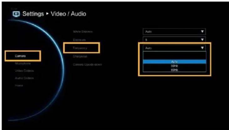 Settings ▶ Video / Audio Camera Macintosh Video Outputs Audio Outputs Home White Detention Exposure Frequency Sharpness Camera Opacity screen Auto 5 Auto Auto 5GHz 5GHz