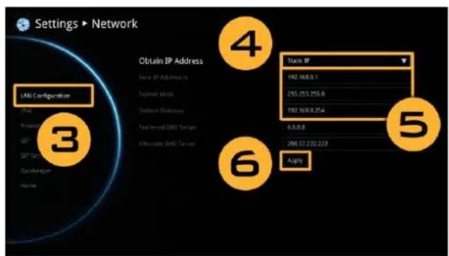 Settings ▶ Network LAN Configuration 3 Obtain IP Address Use IP Address %: Internet Mio Default Gateway Forward CRC Server Alloyds CRC Server 4 Starts IP 192.168.0.1 255.253.255.0 192.168.0.254 0.8.8.8 206.07.22.222 Apply 5