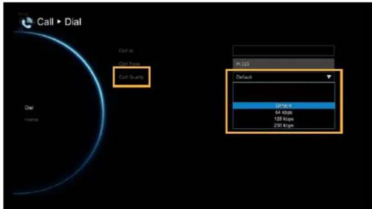 Call ▶ Dial Call to Call Type Call Quality Dial Home M-325 Default Udual 64 kbps 128 kbps 250 kbps