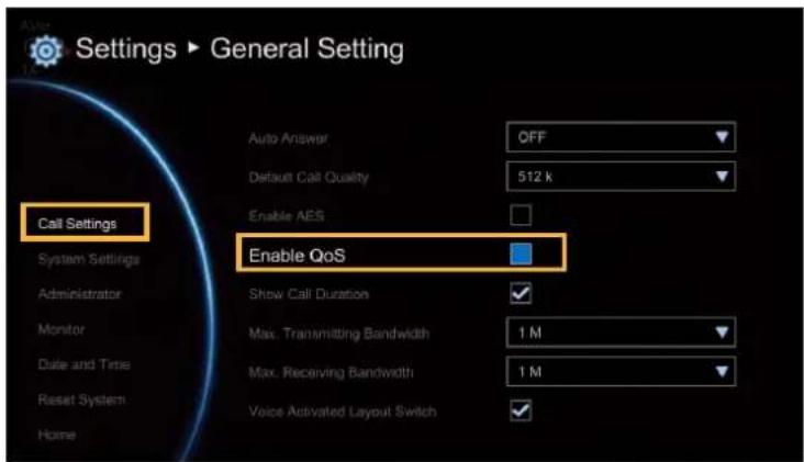 Settings ▶ General Setting Auto Answer OFF Default Call Quality 512 k Enable AES Call Settings Enable QoS System Settings Administrator Monitor Date and Time Reset System Home Show Call Duration ✓ Max. Transmitting Bandwidth 1 M Max. Receiving Bandwidth 1 M Voice Activated Layout Switch ✓