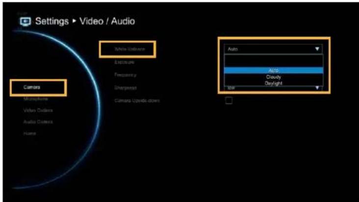 Settings ▶ Video / Audio Camera White Exposure Exposure Frequency Sharpness Camera Upside down Auto Auto Cloudy Daylight