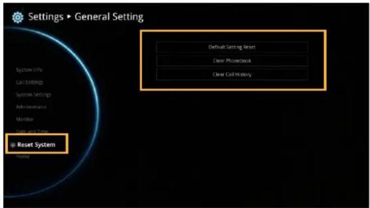 Settings ▶ General Setting Default Setting Reset Clear PhoneBook Clear Call History Systems Info Call Settings System Settings Administrator Monitor Data and Time Reset System Portal