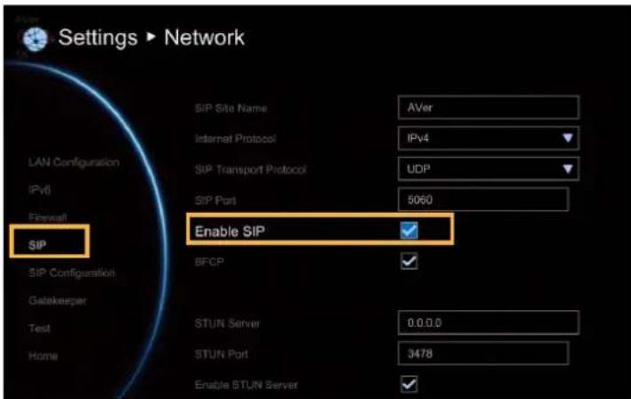 Settings ▶ Network LAN Configuration IPvI Firewall SIP SIP Site Name AVer Internet Protocol IPv4 SIP Transport Protocol UDP SIP Port 5060 Enable SIP BFCP STUN Server 0.0.0.0 STUN Port 3478 Enable STUN Server