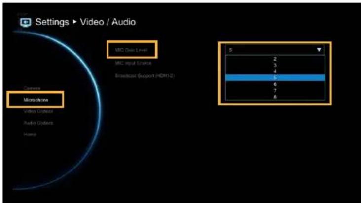 Settings ▶ Video / Audio Micro Device Level Micro Input Source Broadcast Support HDRS2 Camera Microphone Video Counter Radio Counter Video 5 2 3 4 5 6 7 8