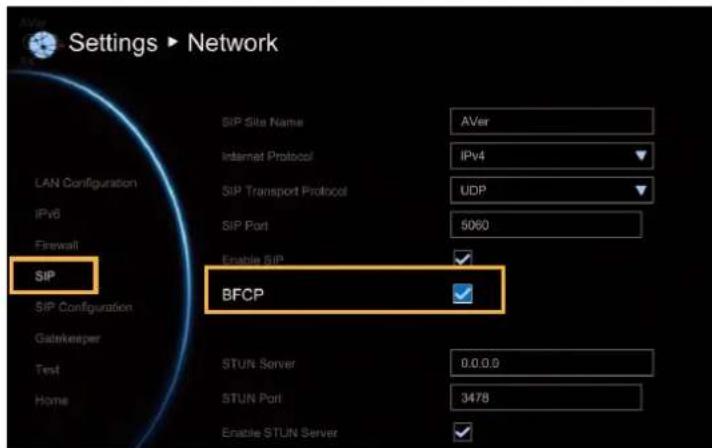 Settings ▶ Network SIP SIP Configuration Gatekeeper Test Home SIP Site Name AVer Internet Protocol IPv4 SIP Transport Protocol UDP SIP Port 5060 Enable SIP BFCP STUN Server 0.0.0.0 STUN Port 3478 Enable STUN Server