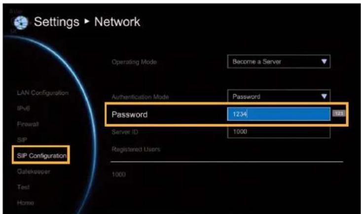 Settings ▶ Network Operating Mode Become a Server LAN Configuration Authentication Mode Password IPv6 Password 1234 Firewall SIP Server ID 1000 SIP Configuration Gatekeeper Test Home Registered Users 1000