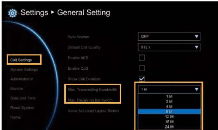 Settings ▶ General Setting Call Settings System Settings Administrator Monitor Date and Time Reset System Home Auto Answer Default Call Quality Enable AES Enable QoS Show Call Duration Max. Transmitting Bandwidth Max. Receiving Bandwidth Voice Activated Layout Switch OFF 512 k 1 M 1 M 2 M 4 M 8 M 12 M 16 M 24 M