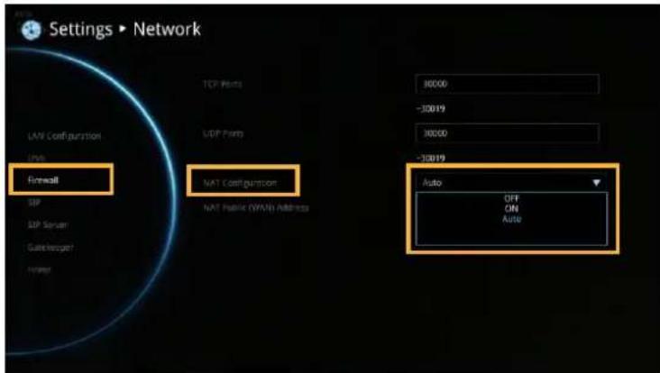 Settings ▶ Network LAN Configuration LPS Firewall SIP SIP Server Gate/Server Frontset TCP Points LDP Ports NAT Configuration NAT Public (WAVs) Address 30000 -30019 30000 -30019 Auto OFF ON Auto