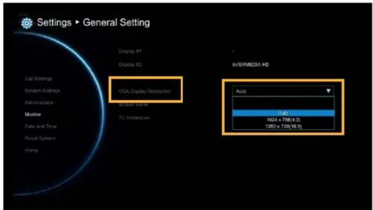 Settings ▶ General Setting Display #1 Display #2 VGA Display Resolution English Signal TV Underscam AVERMEDIA HD Size N/d3 1024 x 768(4.3) 1280 x 720(16.9)