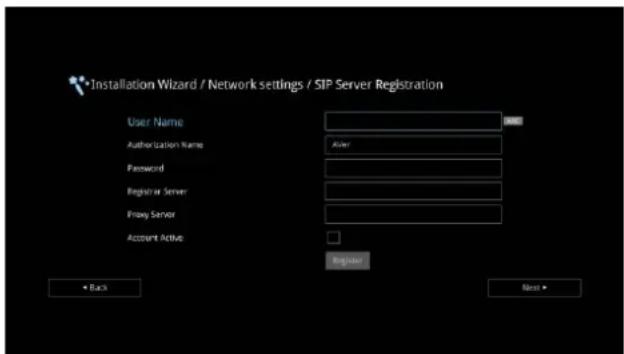 Installation Wizard / Network settings / SIP Server Registration User Name Authorization Name Password Registrar Server Proxy Server Account Active Register Back Next >