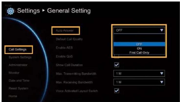 Settings ▶ General Setting Call Settings System Settings Administrator Monitor Date and Time Reset System Home Auto Answer Default Call Quality Enable AES Enable QoS Show Call Duration Max. Transmitting Bandwidth Max. Receiving Bandwidth Voice Activated Layout Switch OFF OFF ON First Call Only 1 M 1 M