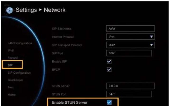 Settings ▶ Network LAN Configuration IPv6 Firewall SIP SIP Configuration Gatekeeper Test Home SIP Site Name AVer Internet Protocol IPv4 SIP Transport Protocol UDP SIP Port 5060 Enable SIP BFCP STUN Server 0.0.0.0 STUN Port 3478 Enable STUN Server