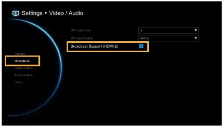 Settings ▶ Video / Audio MFC Gain Level 5 MFC Input Source MFC in Camera Microphone Video Cords Audio Cords Home Broadcast Support (HDMI-2)