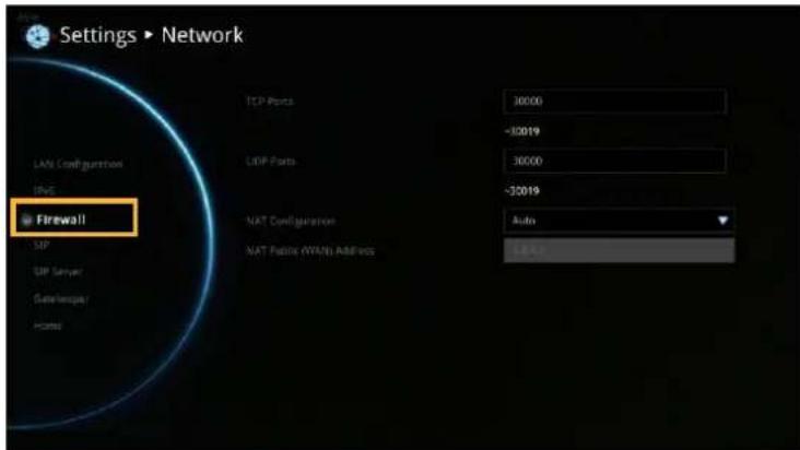 Settings ▶ Network LAN Configuration INS Firewall SIP SIP Server Gate/Server Ports TCP Ports 30000 -30019 UDP Ports 30000 -30019 NAT Configuration Auto NAT Fabric (WNTs) Address LEAFS