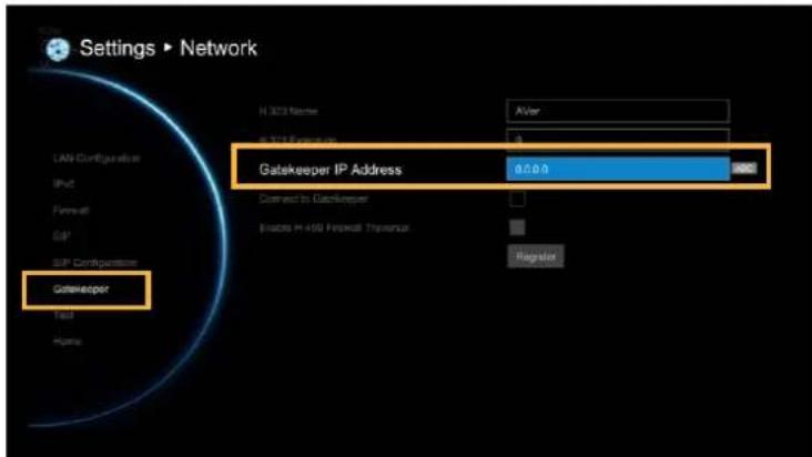Settings ▶ Network H 323 Name AVR IP 1000 Format Gatekeeper IP Address 8.5.0.0 Connect to Gatekeeper Bisabs H-450 Firewall Transmission Register LAN Configuration IPv2 Ferewith SIP SIP Configuration Gatekeeper Test Home