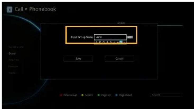 Call > Phonebook Input Group Name: Alter Save Cancel New Group Scratch Page Up Page Down Search