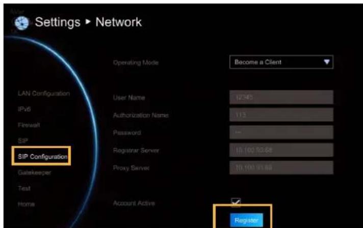 Settings ▶ Network LAN Configuration IPv6 Firewall SIP SIP Configuration Gatekeeper Test Home Operating Mode Become a Client User Name 12345 Authorization Name 113 Password 10 Registrar Server 10.103.93.88 Proxy Server 10.103.93.88 Account Active Register