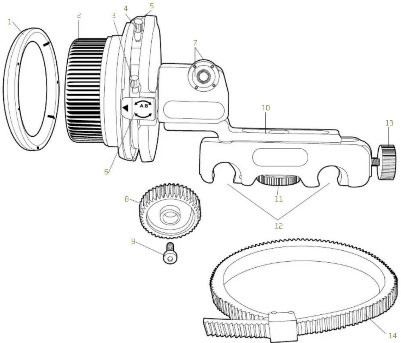 Technical diagram of a mechanical device with numbered parts, showing exploded and assembled views of the gear assembly.