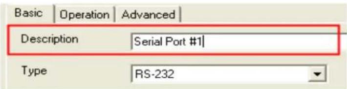 Basic | Operation | Advanced | Description | Serial Port #1 | Type | RS-232