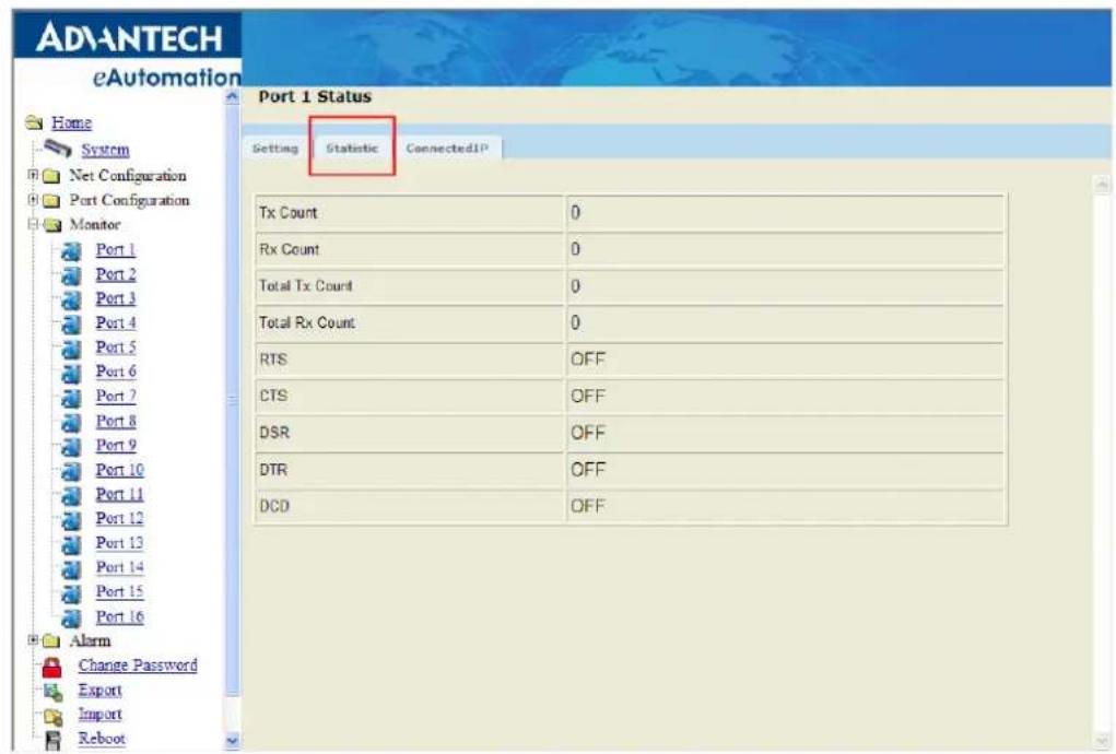 ADANTECH eAutomation Home System Net Configuration Port Configuration Monitor Port 1 Port 2 Port 3 Port 4 Port 5 Port 6 Port 7 Port 8 Port 9 Port 10 Port 11 Port 12 Port 13 Port 14 Port 15 Port 16 Alarm Change Password Export Import Reboot Port 1 Status Setting Statistic ConnectedIP Tx Count 0 Rx Count 0 Total Tx Count 0 Total Rx Count 0 RTS OFF CTS OFF DSR OFF DTR OFF DCD OFF