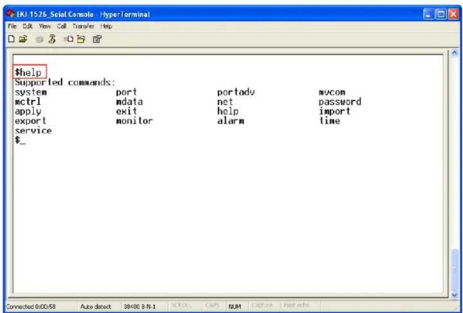 $help Supported commands: system port portadv mvcom mctrl mdata net password apply exit help import export monitor alarm time service $_