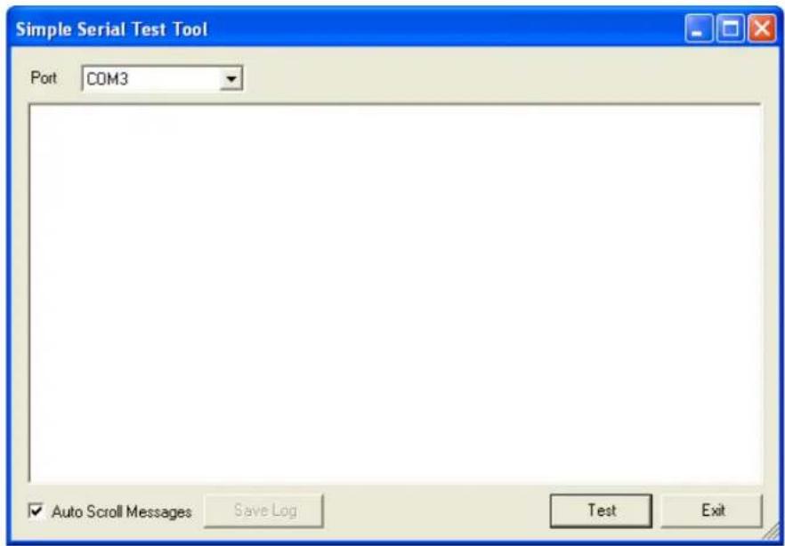 Simple Serial Test Tool Port COM3 ✓ Auto Scroll Messages Save Log Test Exit